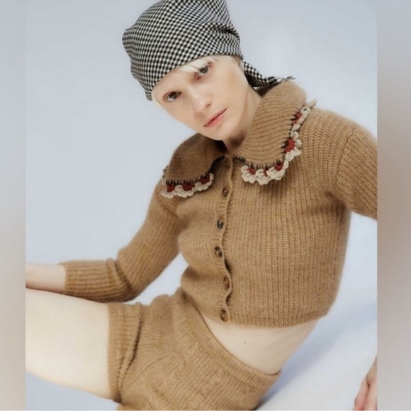 TACH Brown Cropped Cardigan with Embroidered Collar felipa USA xs - Picture 3 of 12